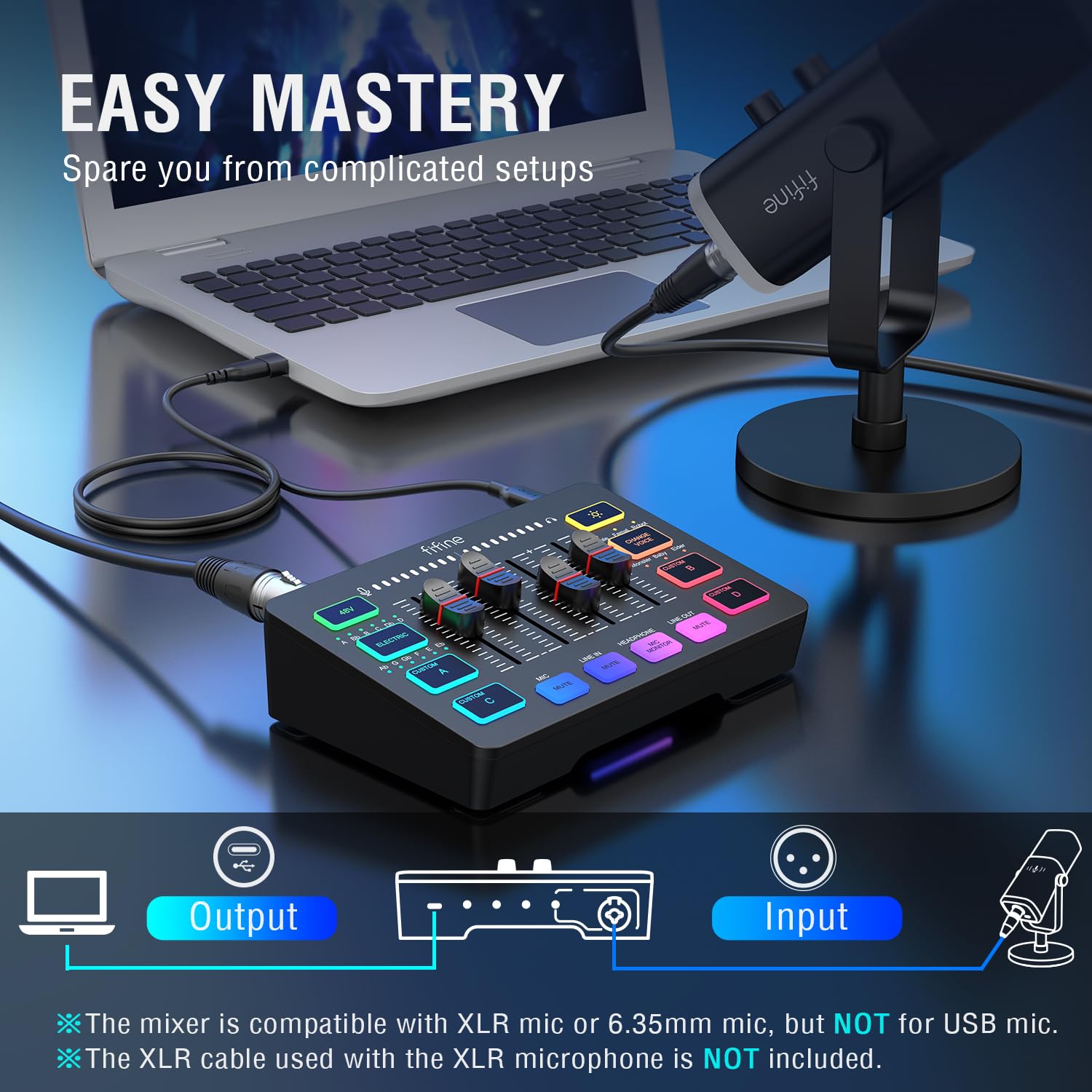 FIFINE Gaming Audio Mixer, Streaming RGB PC Mixer with XLR Microphone Interface, Individual Control, Volume Fader, Mute Button, 48V Phantom Power, for Podcast/Recording/Vocal/Game Voice - AmpliGame SC3 - The One Stop Deals