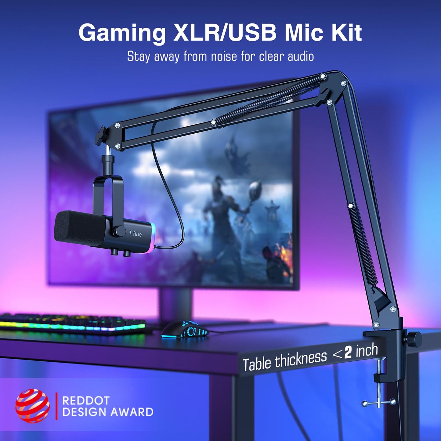 FIFINE XLR/USB Gaming Microphone Set, Dynamic PC Mic for Streaming Podcasting, Computer RGB Mic Kit with Boom Arm Stand, Mute Button, Headphones Jack, for Recording Vocal Voice - Over - AmpliGame AM8T - The One Stop Deals