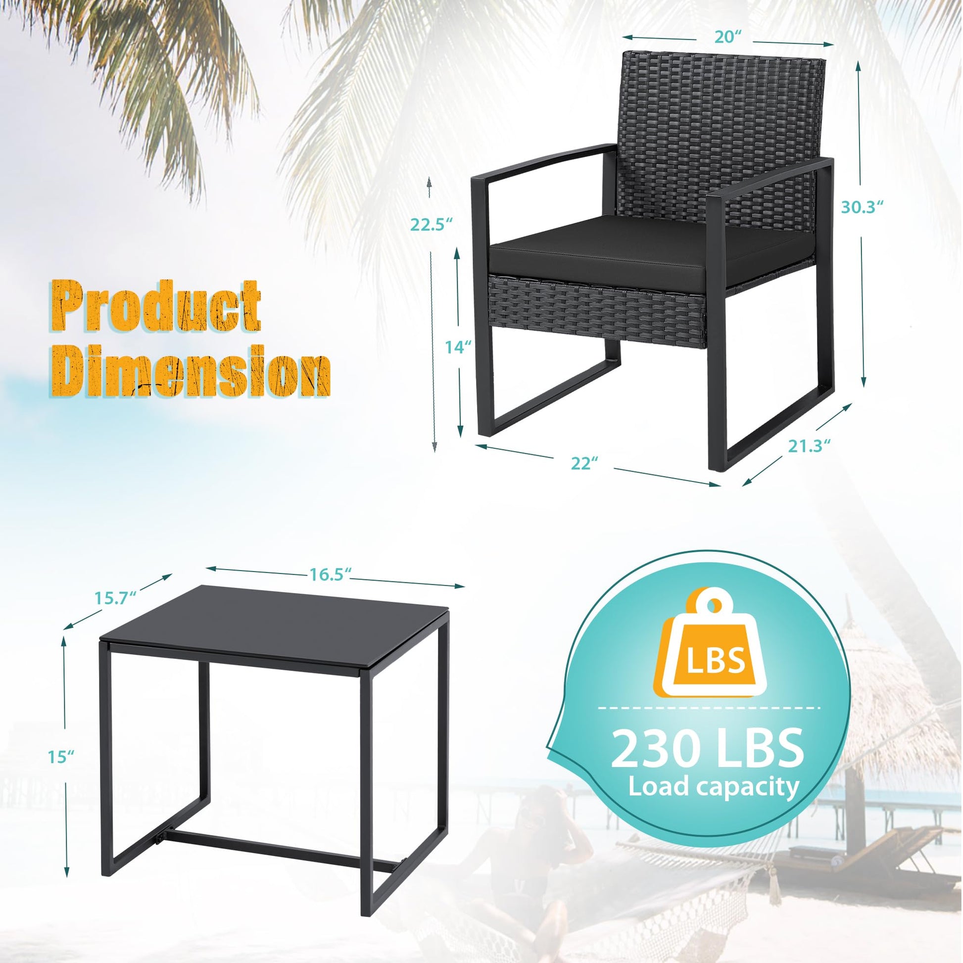 Flamaker 3 Pieces Patio Set Outdoor Wicker Furniture Sets Modern Rattan Chair Conversation Sets with Coffee Table for Yard and Bistro (Black) - The One Stop Deals