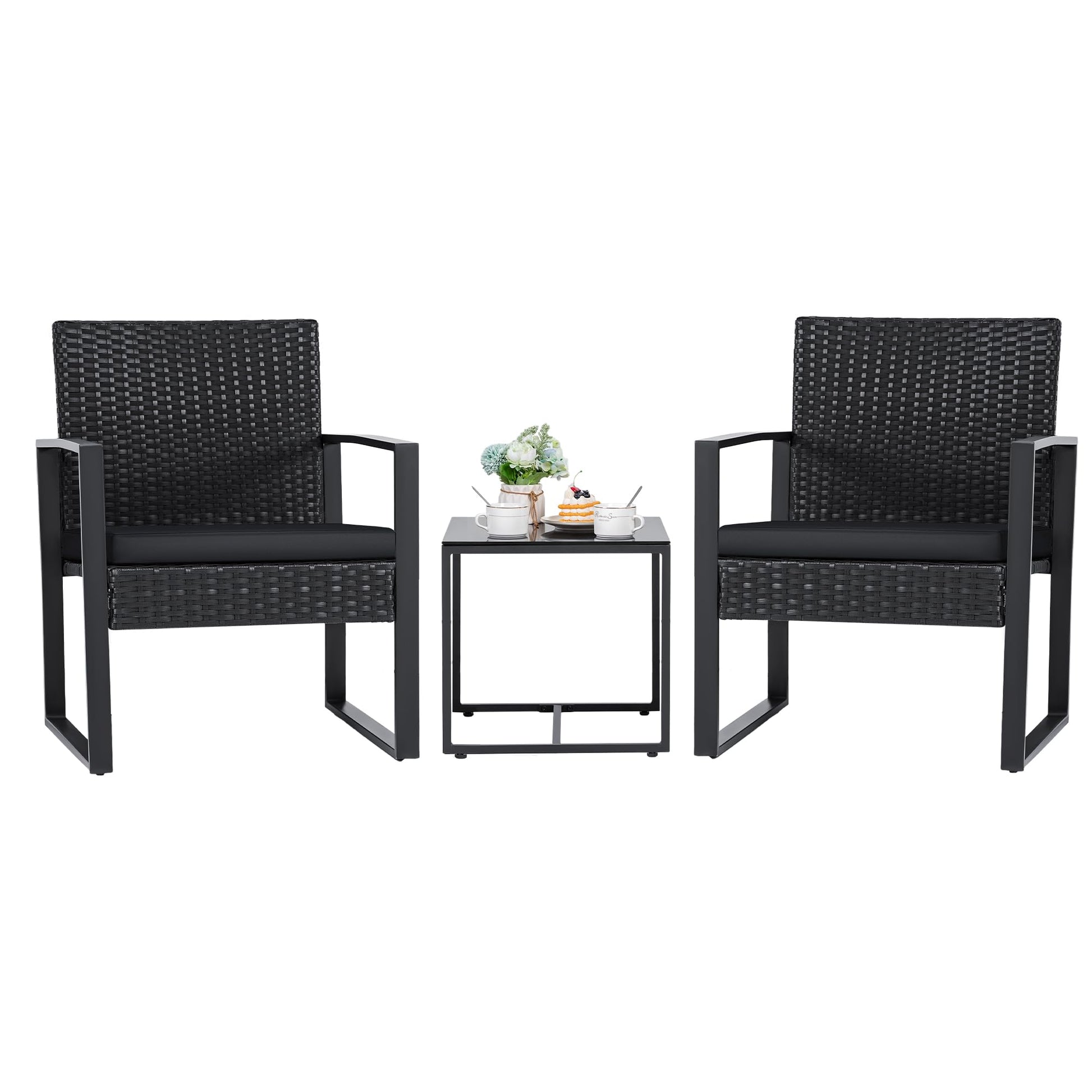 Flamaker 3 Pieces Patio Set Outdoor Wicker Furniture Sets Modern Rattan Chair Conversation Sets with Coffee Table for Yard and Bistro (Black) - The One Stop Deals