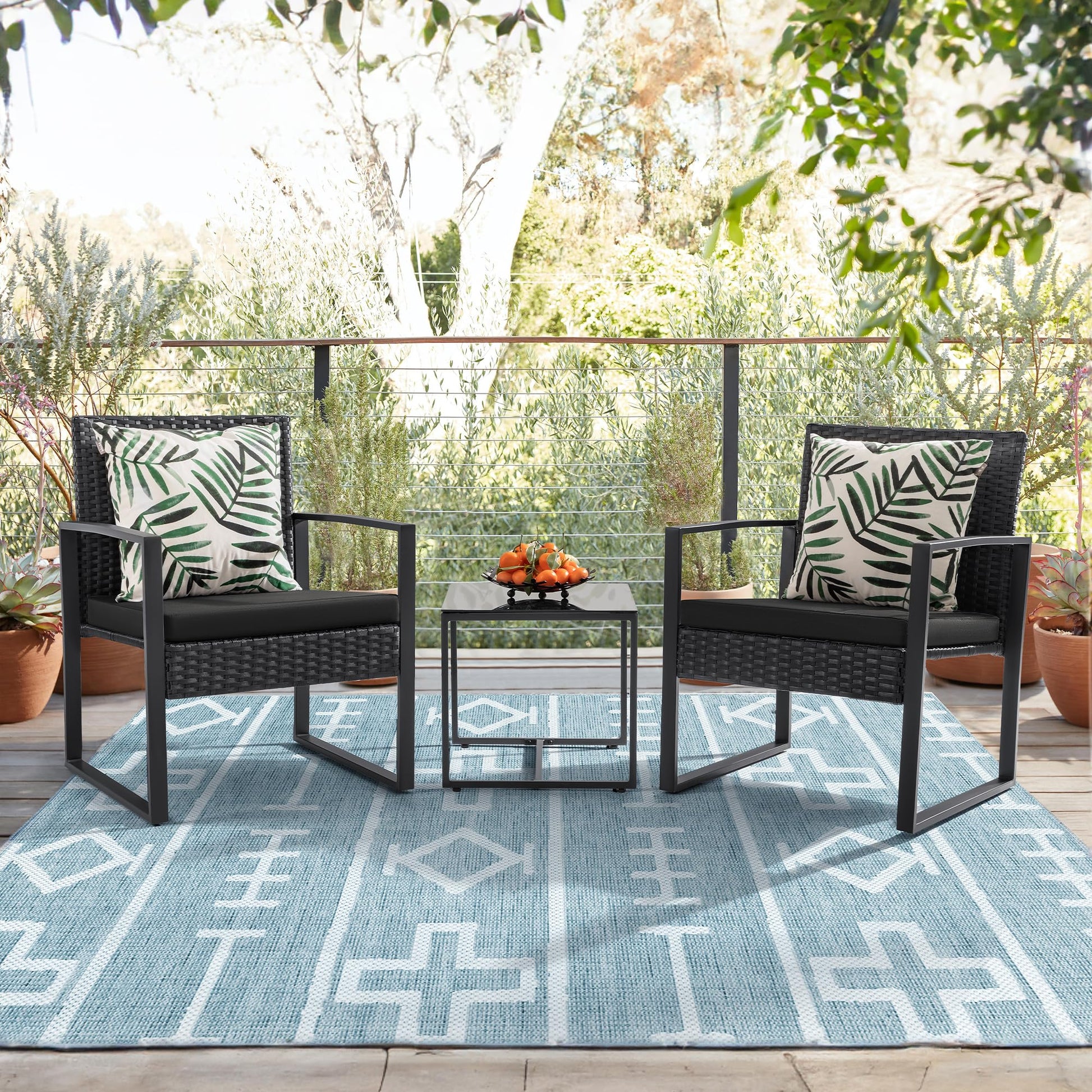 Flamaker 3 Pieces Patio Set Outdoor Wicker Furniture Sets Modern Rattan Chair Conversation Sets with Coffee Table for Yard and Bistro (Black) - The One Stop Deals