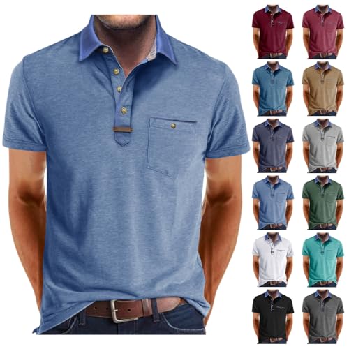 Funny Mens Shirt Golf Polos for Men Casual Shirts Classic Button Basic Short Sleeve Shirt Solid Tees Golf Stylish Tops with Pocket Trendy Graphic tees for Men 2025 Light Blue XL - The One Stop Deals