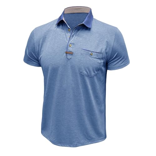 Funny Mens Shirt Golf Polos for Men Casual Shirts Classic Button Basic Short Sleeve Shirt Solid Tees Golf Stylish Tops with Pocket Trendy Graphic tees for Men 2025 Light Blue XL - The One Stop Deals