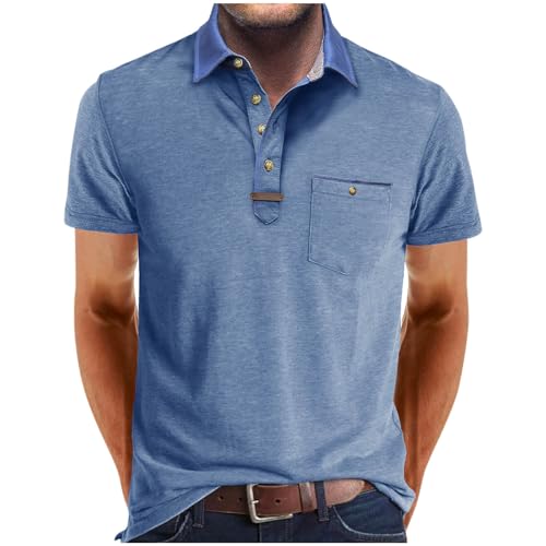 Funny Mens Shirt Golf Polos for Men Casual Shirts Classic Button Basic Short Sleeve Shirt Solid Tees Golf Stylish Tops with Pocket Trendy Graphic tees for Men 2025 Light Blue XL - The One Stop Deals