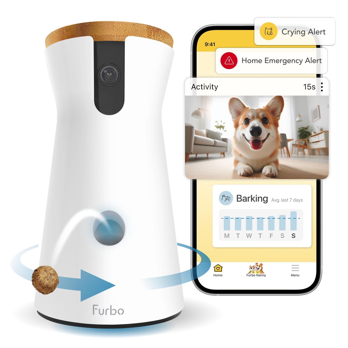 Furbo 360° Dog Camera + Nanny Bundle: Home Security & Dog Safety Alerts, Rotating Pet Treat Dispenser Camera with Speaker, Smart Home Indoor Cam w Phone App (Additional Subscription Required at Setup) - The One Stop Deals