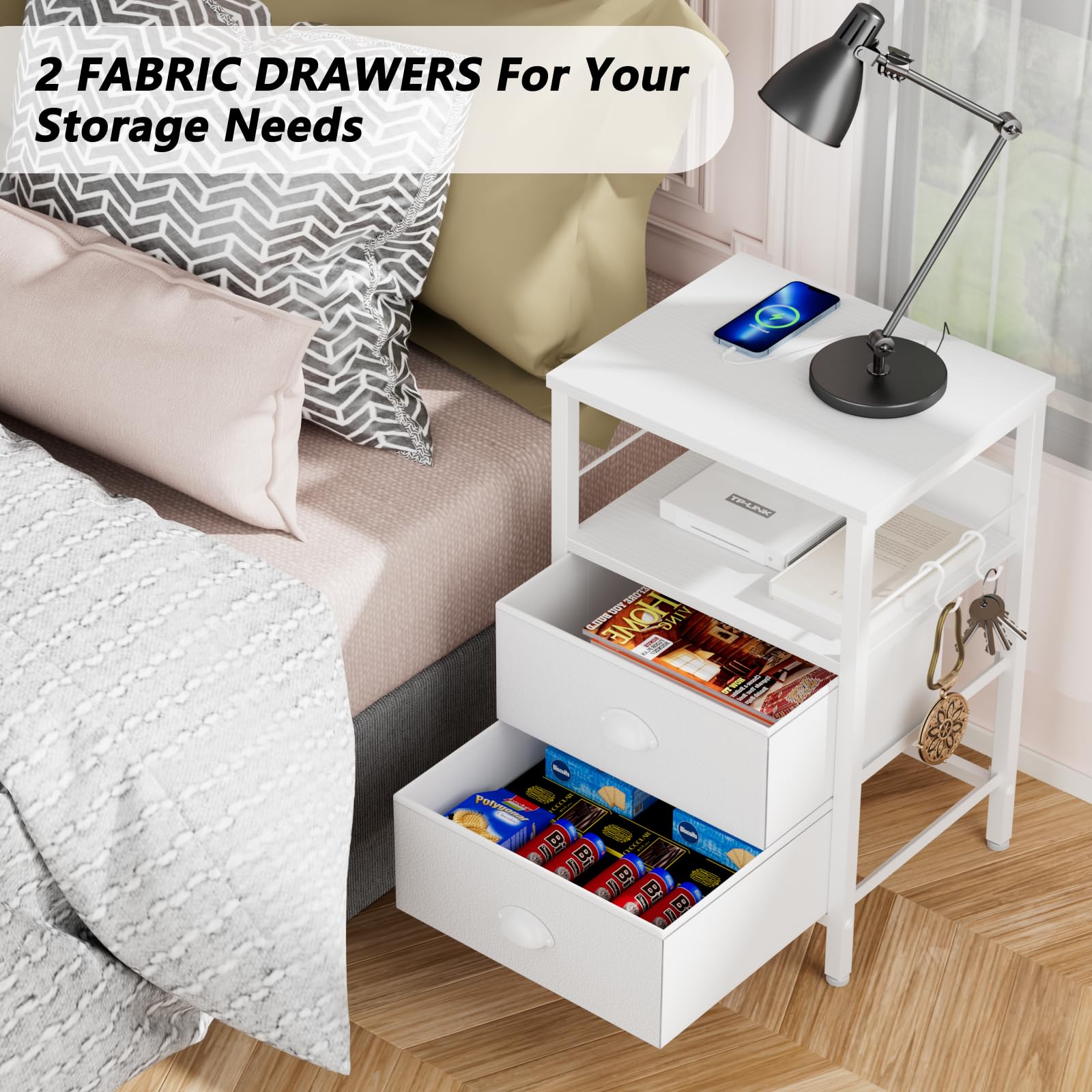 Furologee End Table with Charging Station, Nightstand with Fabric Drawers, Side Tables with USB Ports & Outlets, Night Stand with Storage Shelf & Hooks, for Living Room/Bedroom, White - The One Stop Deals