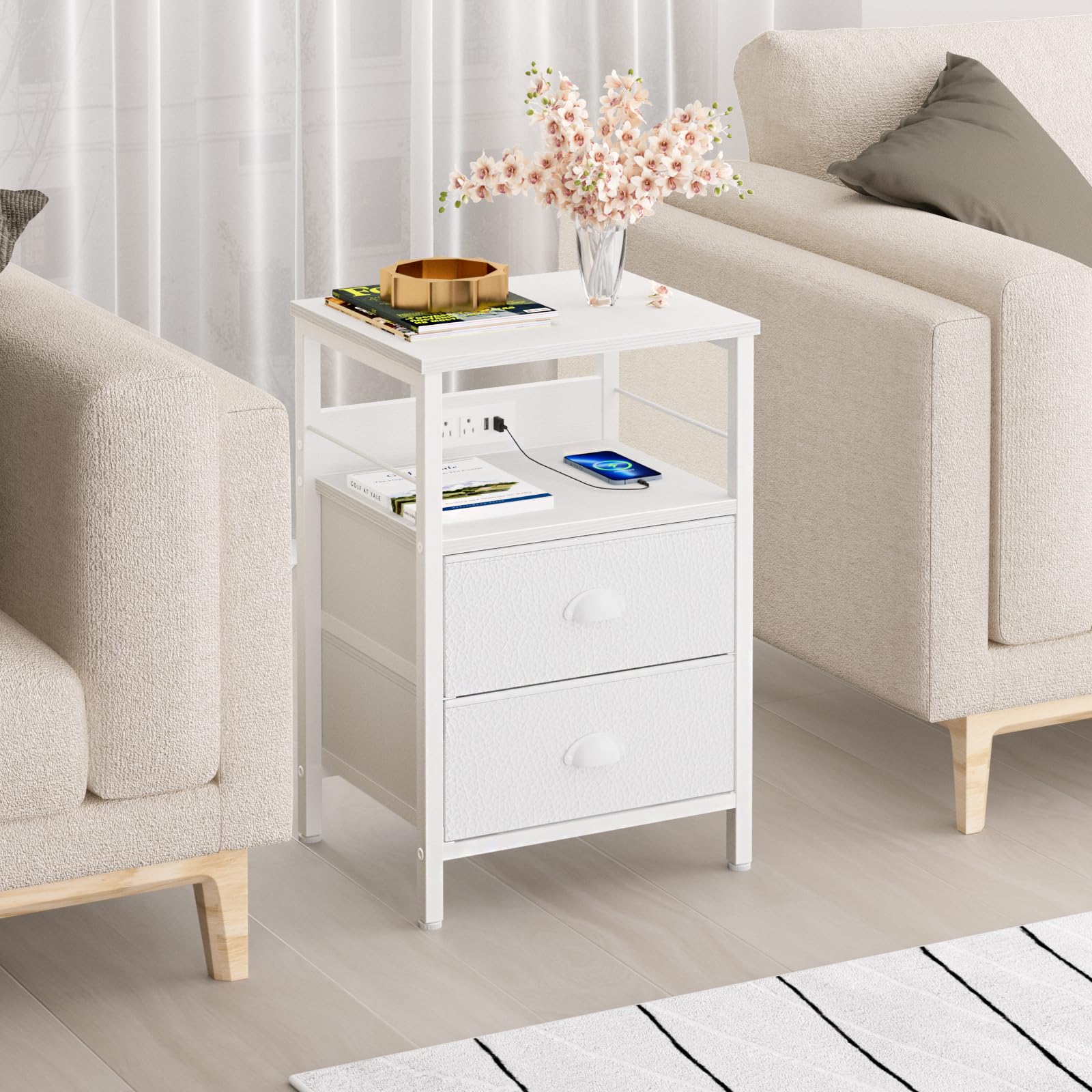 Furologee End Table with Charging Station, Nightstand with Fabric Drawers, Side Tables with USB Ports & Outlets, Night Stand with Storage Shelf & Hooks, for Living Room/Bedroom, White - The One Stop Deals