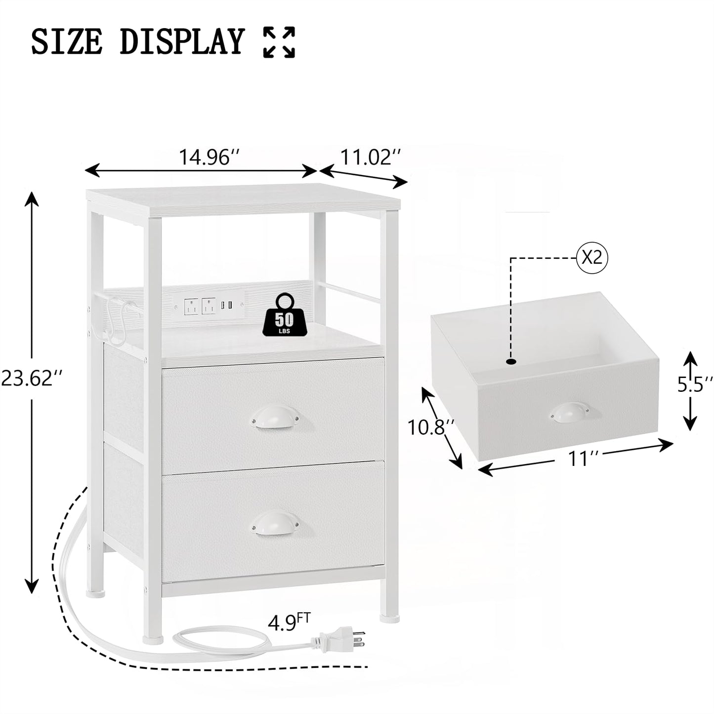 Furologee End Table with Charging Station, Nightstand with Fabric Drawers, Side Tables with USB Ports & Outlets, Night Stand with Storage Shelf & Hooks, for Living Room/Bedroom, White - The One Stop Deals