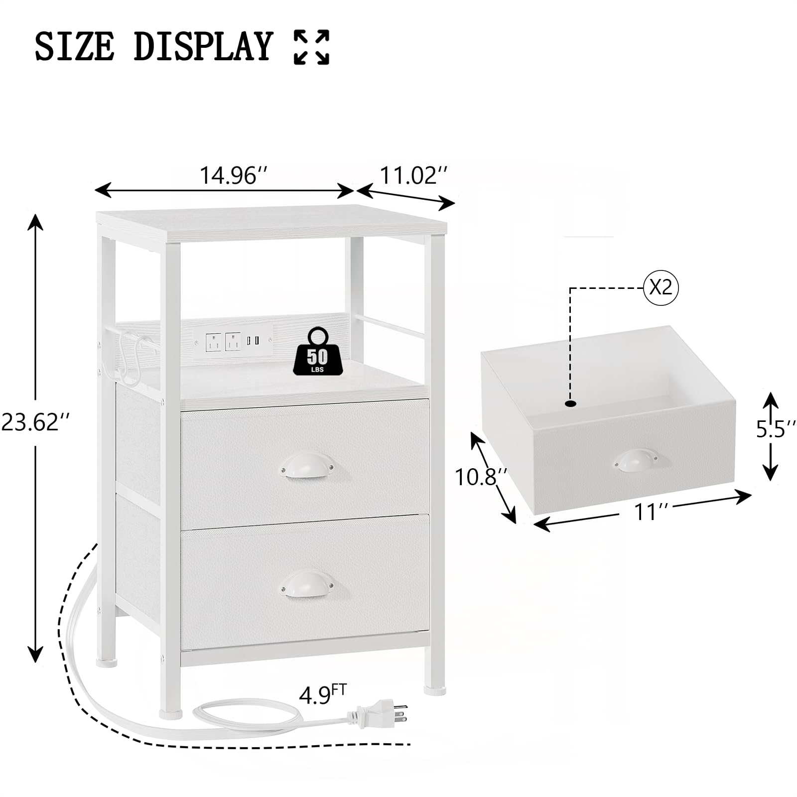 Furologee End Table with Charging Station, Nightstand with Fabric Drawers, Side Tables with USB Ports & Outlets, Night Stand with Storage Shelf & Hooks, for Living Room/Bedroom, White - The One Stop Deals