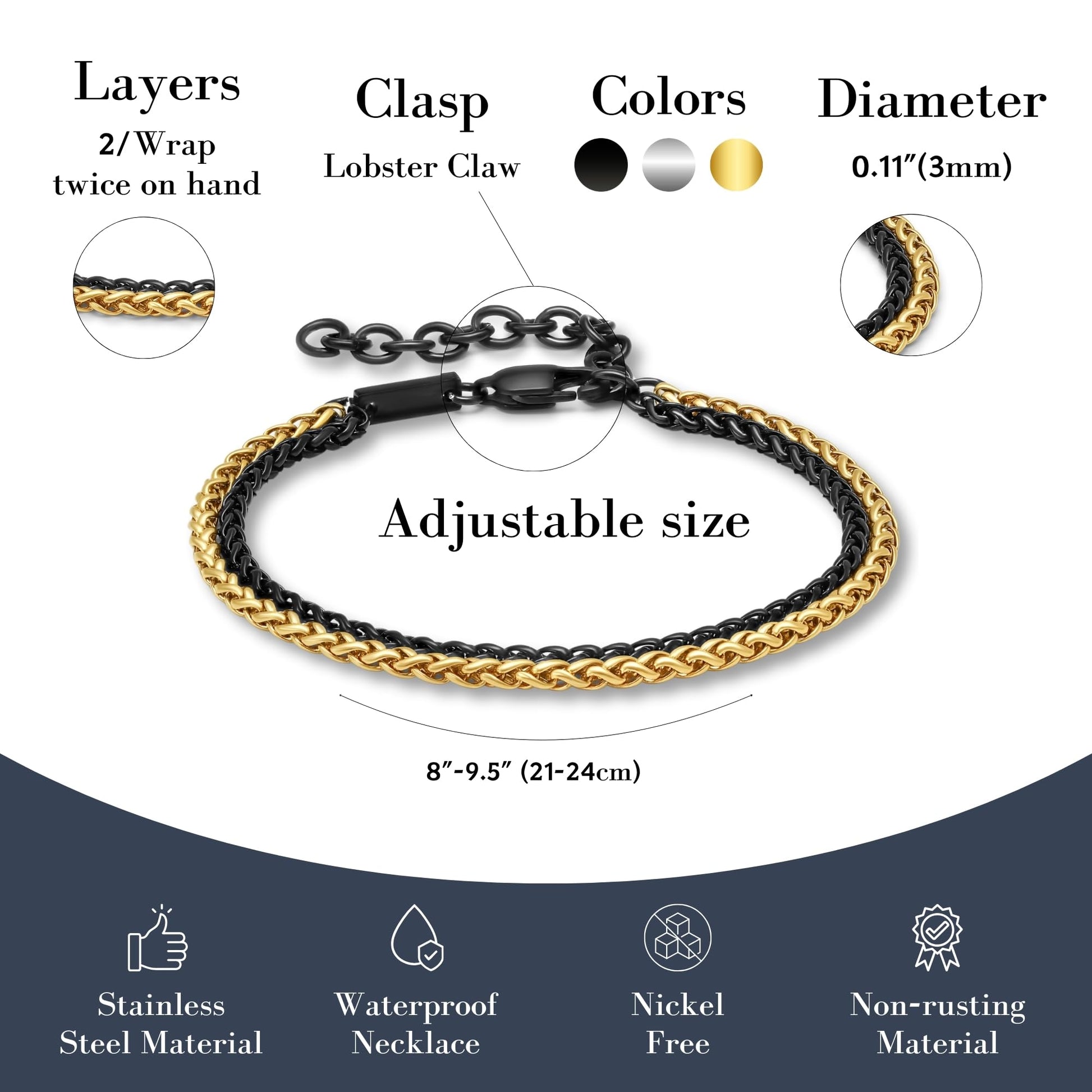 Galis Mens Bracelet - Stainless Steel for Men, Non Tarnish Gold Plated Rope Chain Bracelet, Stylish Birthday Bracelets For Boys, with Lobster Claw Clasp, Mens Gifts Ideas, 8" - The One Stop Deals