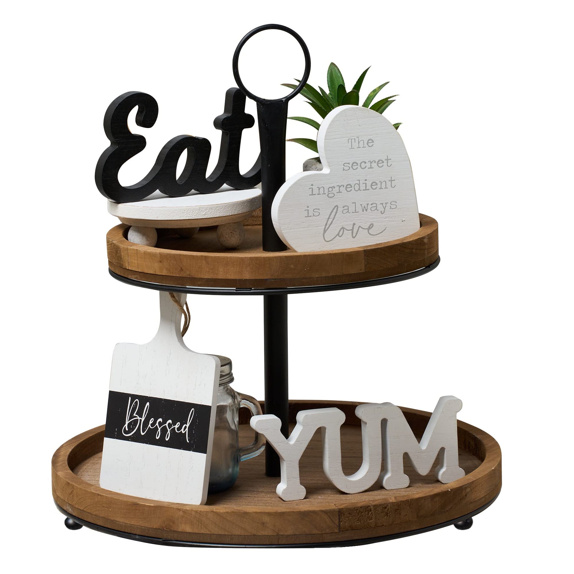 GENMOUS Farmhouse Kitchen Tiered Tray Decor Items Mini Set, Rustic Black and White Kitchen Counter Decor, Two Tiered Tray Kitchen Decor Set for Home Kitchen Dining Room Table Decoration - The One Stop Deals