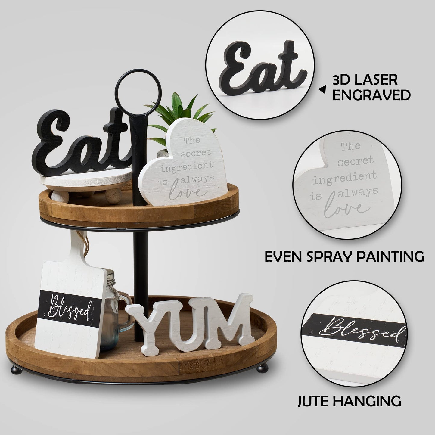 GENMOUS Farmhouse Kitchen Tiered Tray Decor Items Mini Set, Rustic Black and White Kitchen Counter Decor, Two Tiered Tray Kitchen Decor Set for Home Kitchen Dining Room Table Decoration - The One Stop Deals