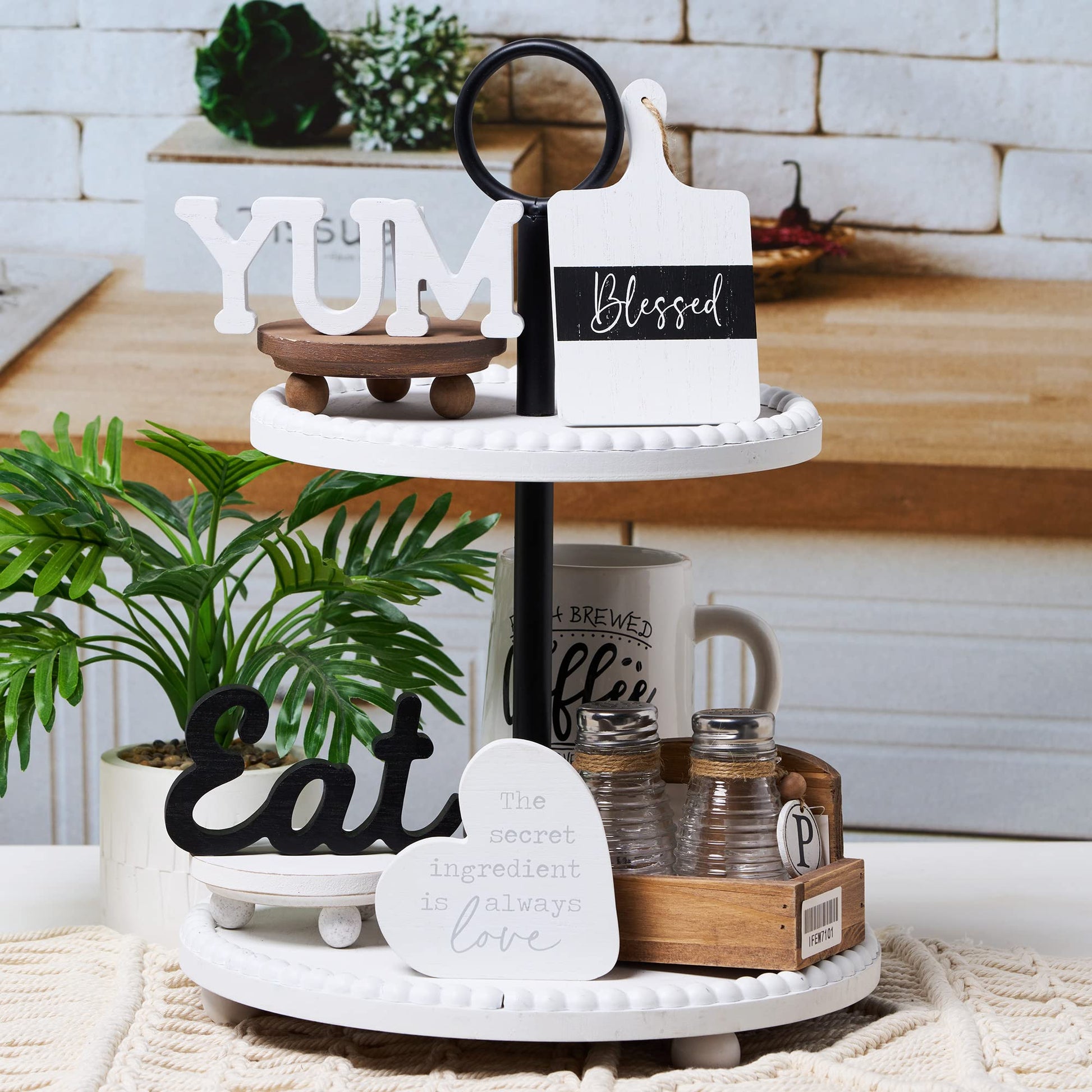 GENMOUS Farmhouse Kitchen Tiered Tray Decor Items Mini Set, Rustic Black and White Kitchen Counter Decor, Two Tiered Tray Kitchen Decor Set for Home Kitchen Dining Room Table Decoration - The One Stop Deals