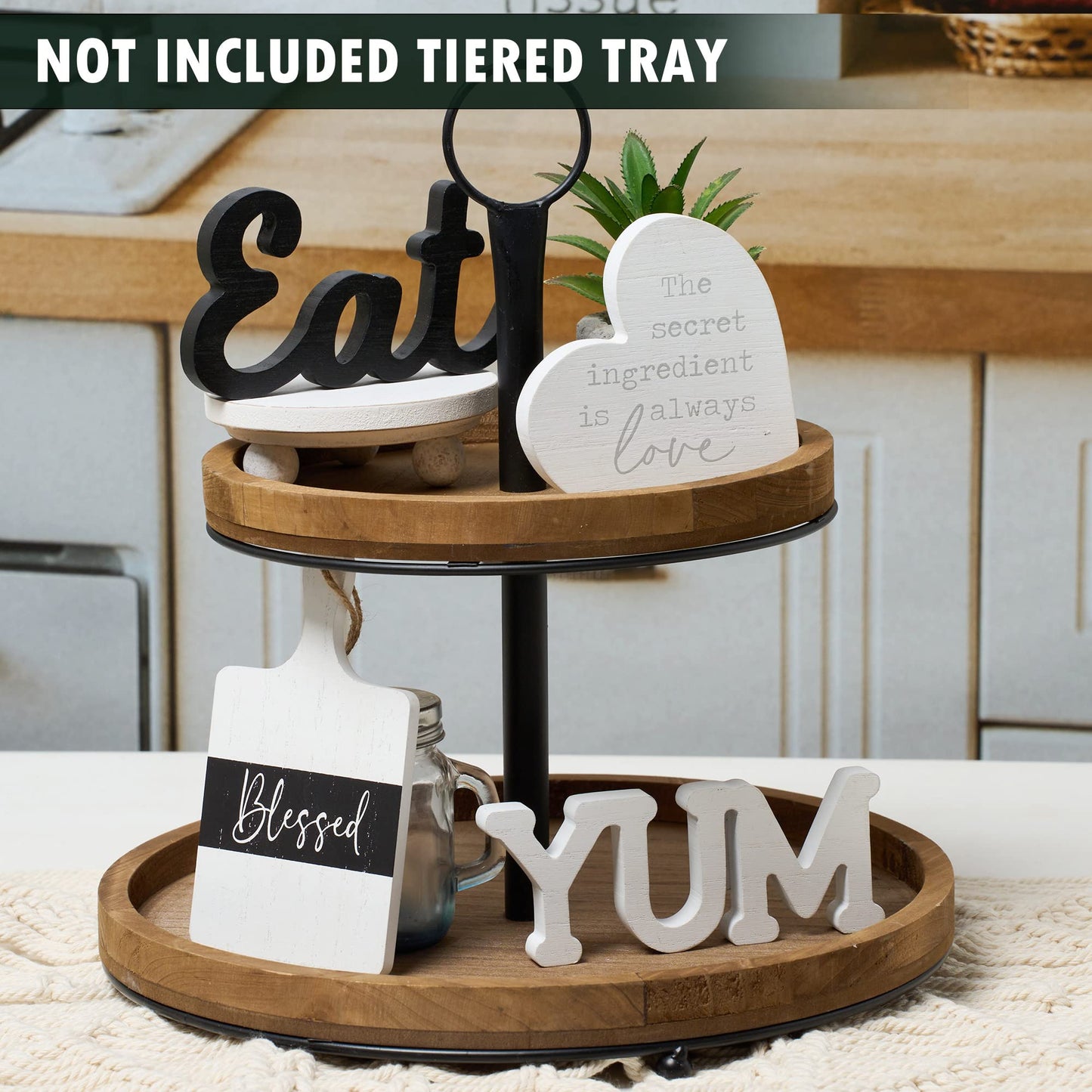 GENMOUS Farmhouse Kitchen Tiered Tray Decor Items Mini Set, Rustic Black and White Kitchen Counter Decor, Two Tiered Tray Kitchen Decor Set for Home Kitchen Dining Room Table Decoration - The One Stop Deals