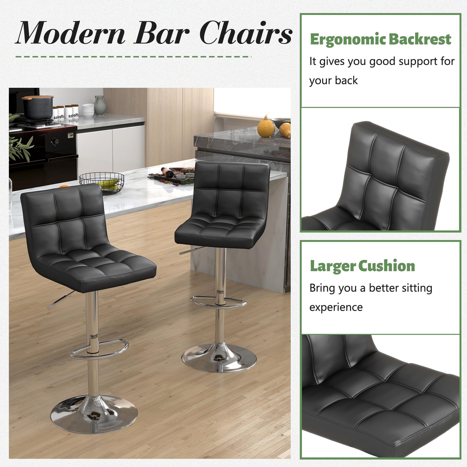 Gentlemoods Modern PU Leather Bar Stools Set of 6, Adjustable Swivel Square Bar Chairs, Armless Counter Height Barstools with Back and Large Base for Island/Kitchen(Black) - The One Stop Deals