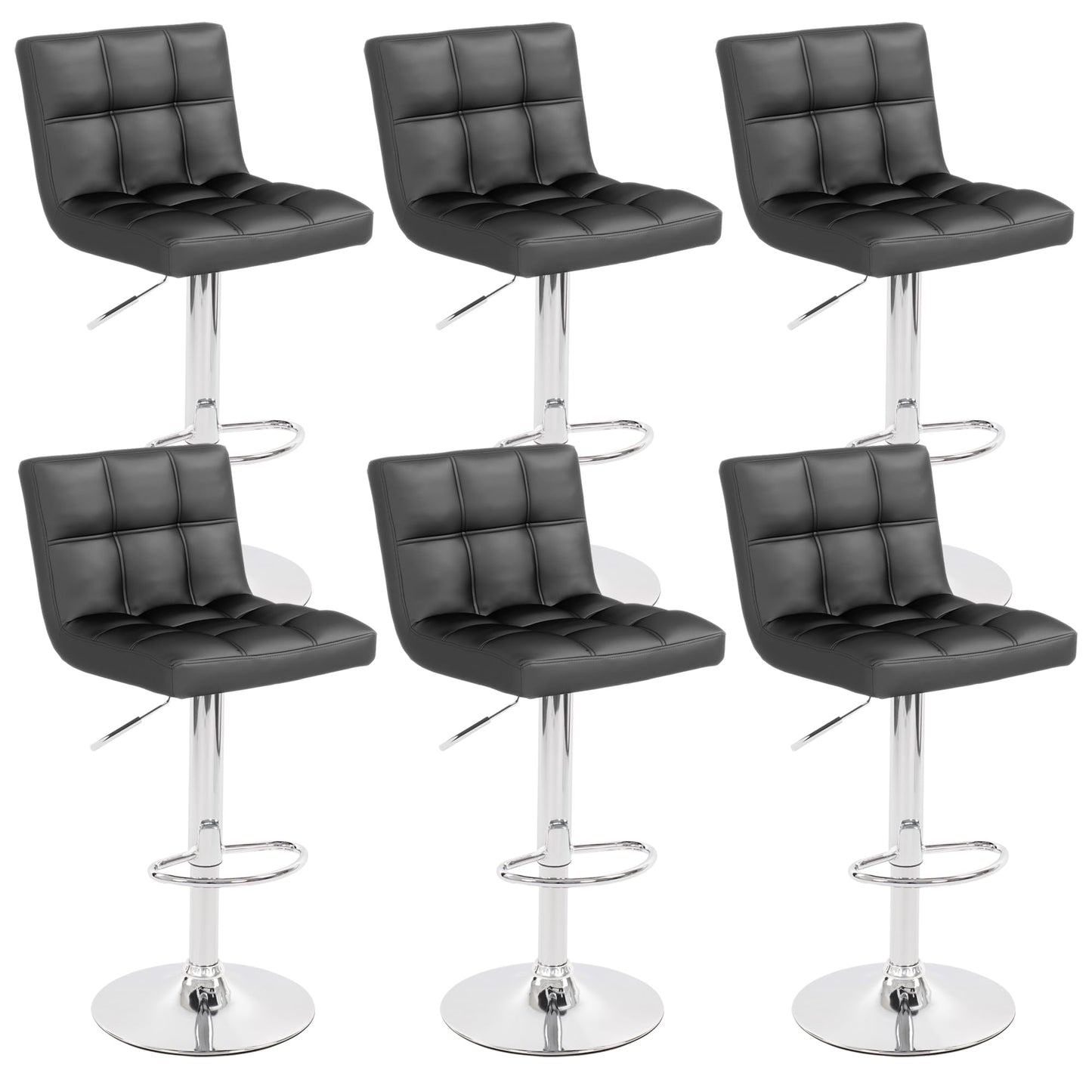 Gentlemoods Modern PU Leather Bar Stools Set of 6, Adjustable Swivel Square Bar Chairs, Armless Counter Height Barstools with Back and Large Base for Island/Kitchen(Black) - The One Stop Deals