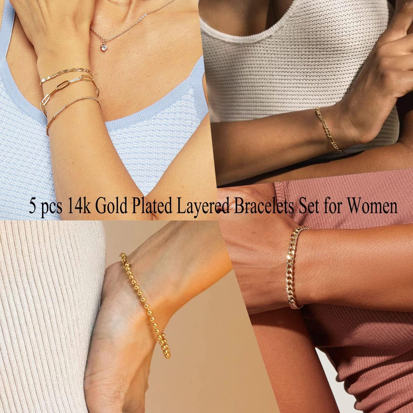 Gokeey Gold Bracelets for Women Trendy 14K Real Gold Jewelry Sets Stack Dainty Stackable Paperclip Cuban Figaro Chain Bracelets Pack Layered Link Chain Bracelet for Women Cute Valentines Day Gifts 5pcs Adjustable - The One Stop Deals