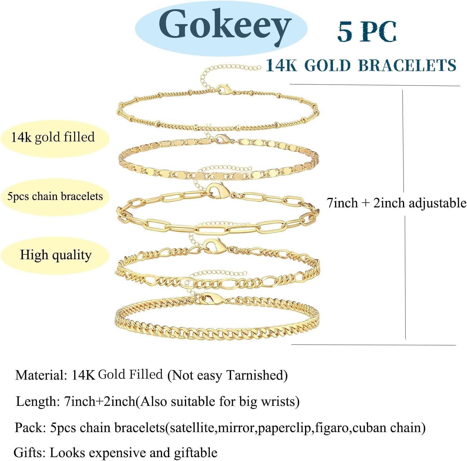 Gokeey Gold Bracelets for Women Trendy 14K Real Gold Jewelry Sets Stack Dainty Stackable Paperclip Cuban Figaro Chain Bracelets Pack Layered Link Chain Bracelet for Women Cute Valentines Day Gifts 5pcs Adjustable - The One Stop Deals