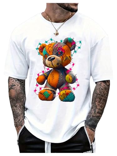 GORGLITTER Men's Bear Graphic Y2k Shirt Crew Neck Short Sleeve Oversized Casual Summer Tees Top 2025 White Medium - The One Stop Deals