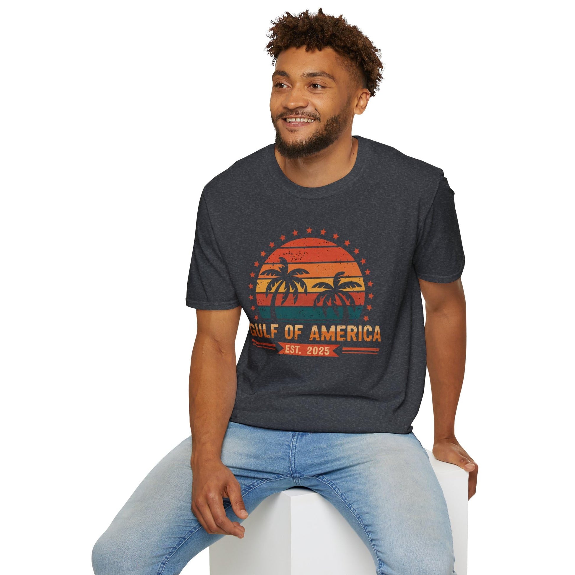 Gulf of America Retro Sunset T-Shirt – Tropical Palm Tree Design – EST. 2025 Trendy Tee - The One Stop Deals