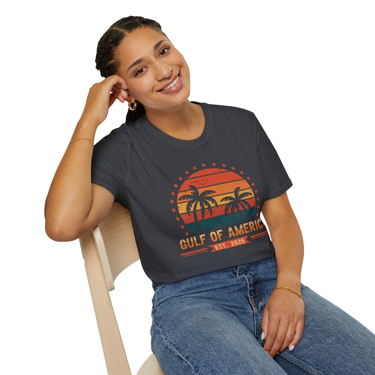 Gulf of America Retro Sunset T-Shirt – Tropical Palm Tree Design – EST. 2025 Trendy Tee - The One Stop Deals