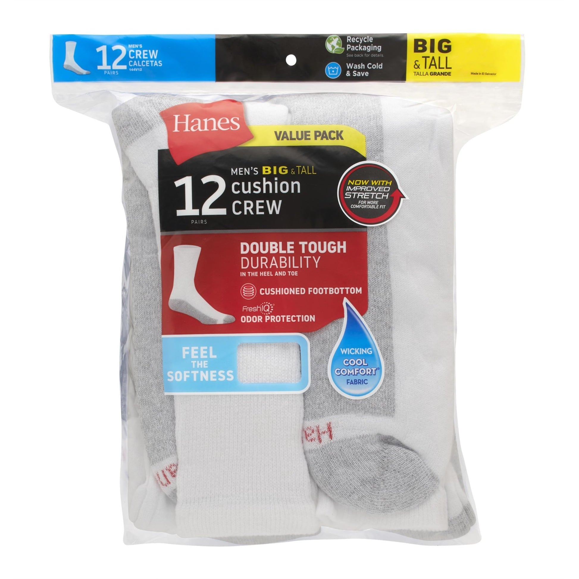 Hanes mens Double Tough Crew Socks, 12 - Pair Pack fashion liner socks, White/ Grey Foot Bottom, 12 - 14 US - The One Stop Deals