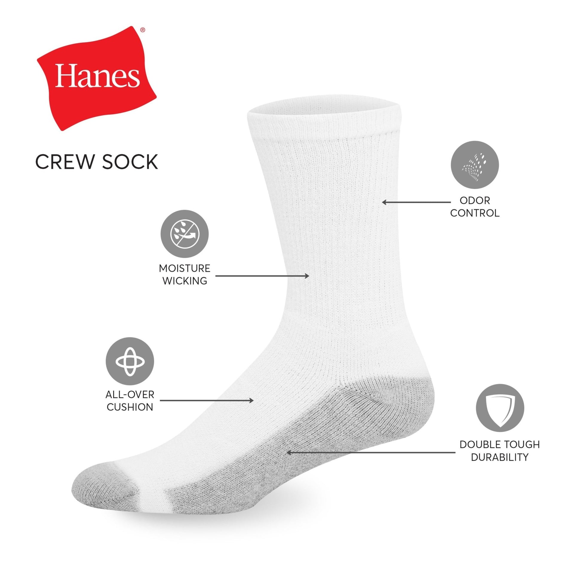 Hanes mens Double Tough Crew Socks, 12 - Pair Pack fashion liner socks, White/ Grey Foot Bottom, 12 - 14 US - The One Stop Deals