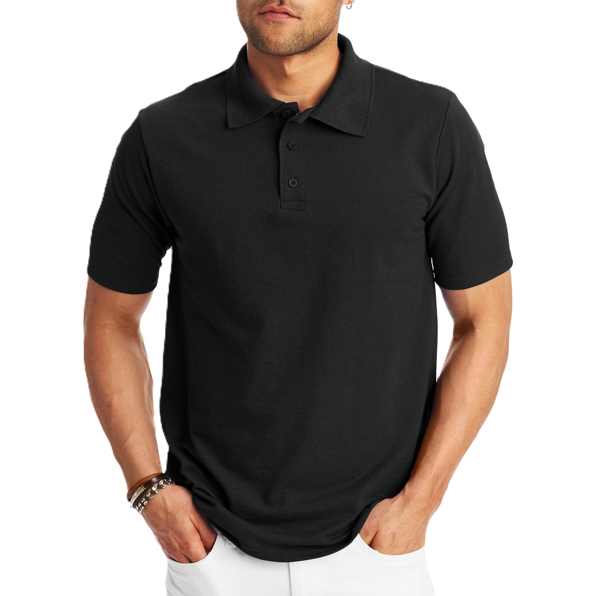 Hanes Mens Pique Short Sleeve Polo Shirt, Three - button Midweight For, Black, X - Large US - The One Stop Deals