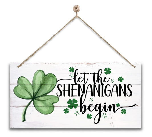 Hanging St. Patricks Day Wood Decor Sign, Let the Shenanigans Begin Printed Wood Wall Art Sign, Home Signs Decor, Hanging Door Wood Sign, Shamrock Sign, St Patricks Day Decor, Rustic Farmhouse Decor - The One Stop Deals