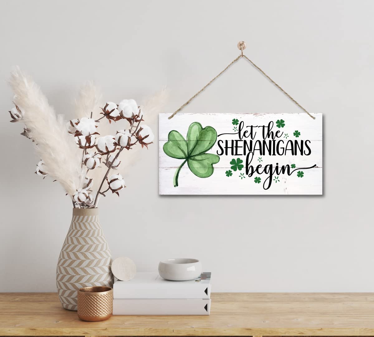 Hanging St. Patricks Day Wood Decor Sign, Let the Shenanigans Begin Printed Wood Wall Art Sign, Home Signs Decor, Hanging Door Wood Sign, Shamrock Sign, St Patricks Day Decor, Rustic Farmhouse Decor - The One Stop Deals