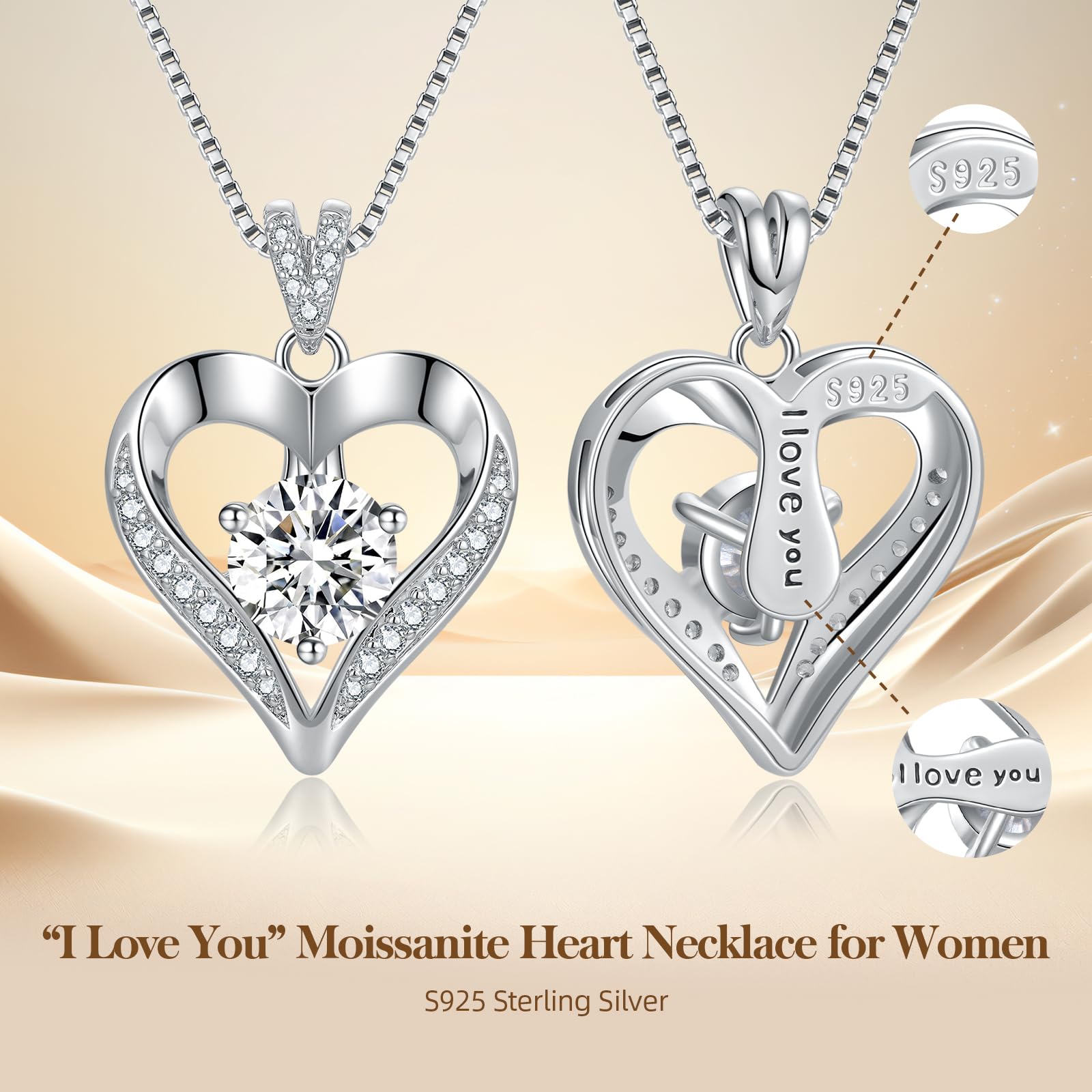 Heart Necklace Gifts for Women, Engraved 'I LOVE YOU' Gift for Wife, 1 Carat Moissanite Diamond Jewelry, Anniversary Day Gifts for Women Wife Birthday Gift Ideas, Womens Necklaces for Her Girlfriend - The One Stop Deals