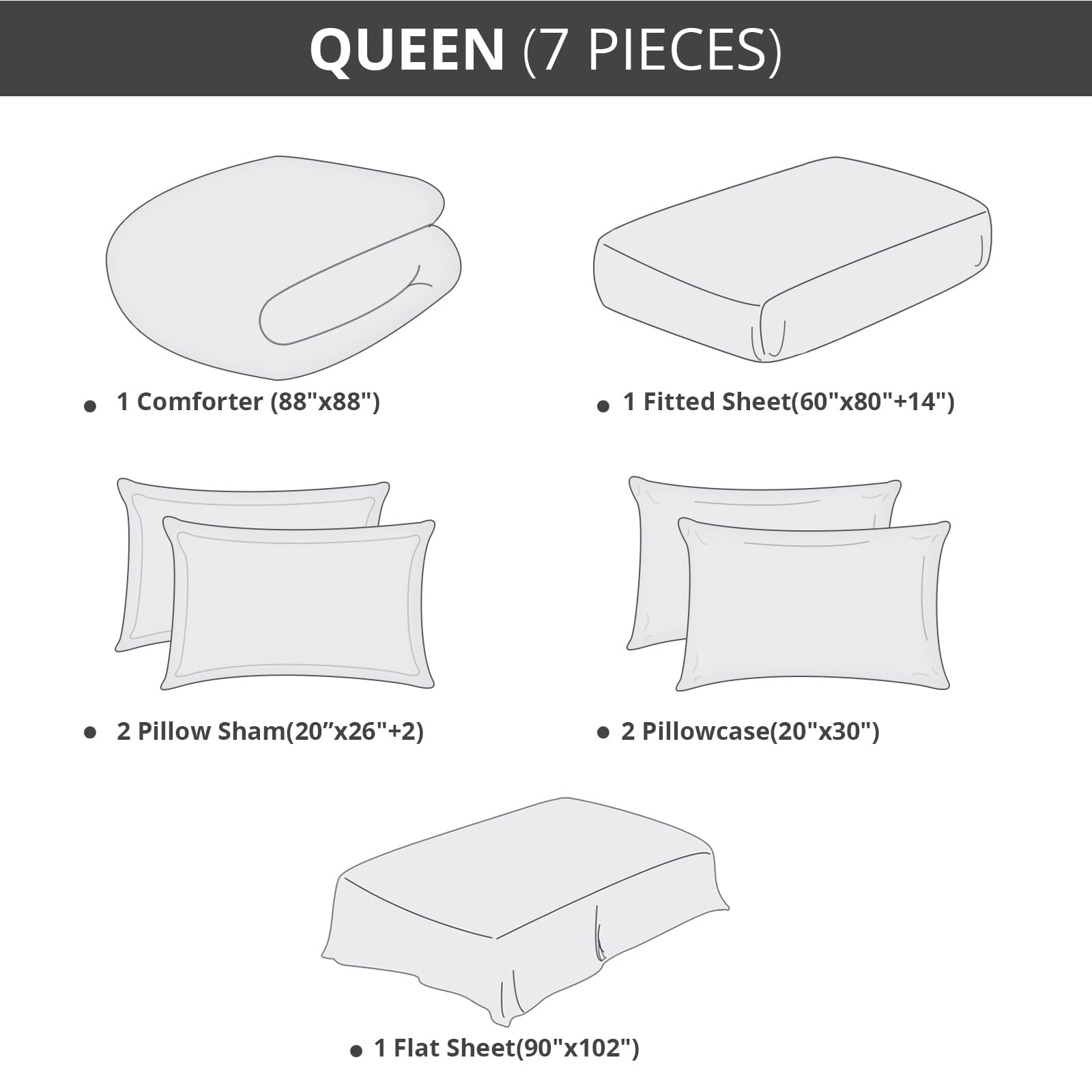 HEVUMYI 7 Pieces Queen Comforter Set, All Season Reversible Bed in a Bag Queen, Ultra Soft Queen Bedding Set with Grey Comforter, Flat Sheet, Fitted Sheet, Pillowcases, Pillow Shams, Dark Grey - The One Stop Deals