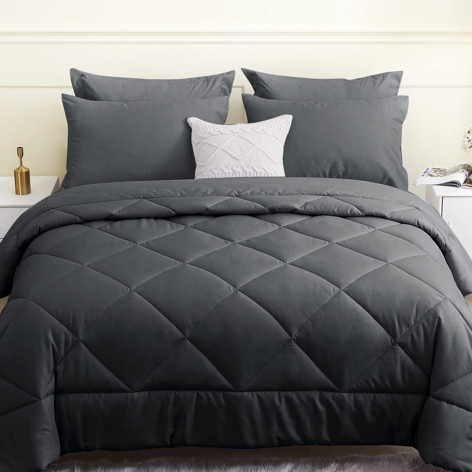 HEVUMYI 7 Pieces Queen Comforter Set, All Season Reversible Bed in a Bag Queen, Ultra Soft Queen Bedding Set with Grey Comforter, Flat Sheet, Fitted Sheet, Pillowcases, Pillow Shams, Dark Grey - The One Stop Deals