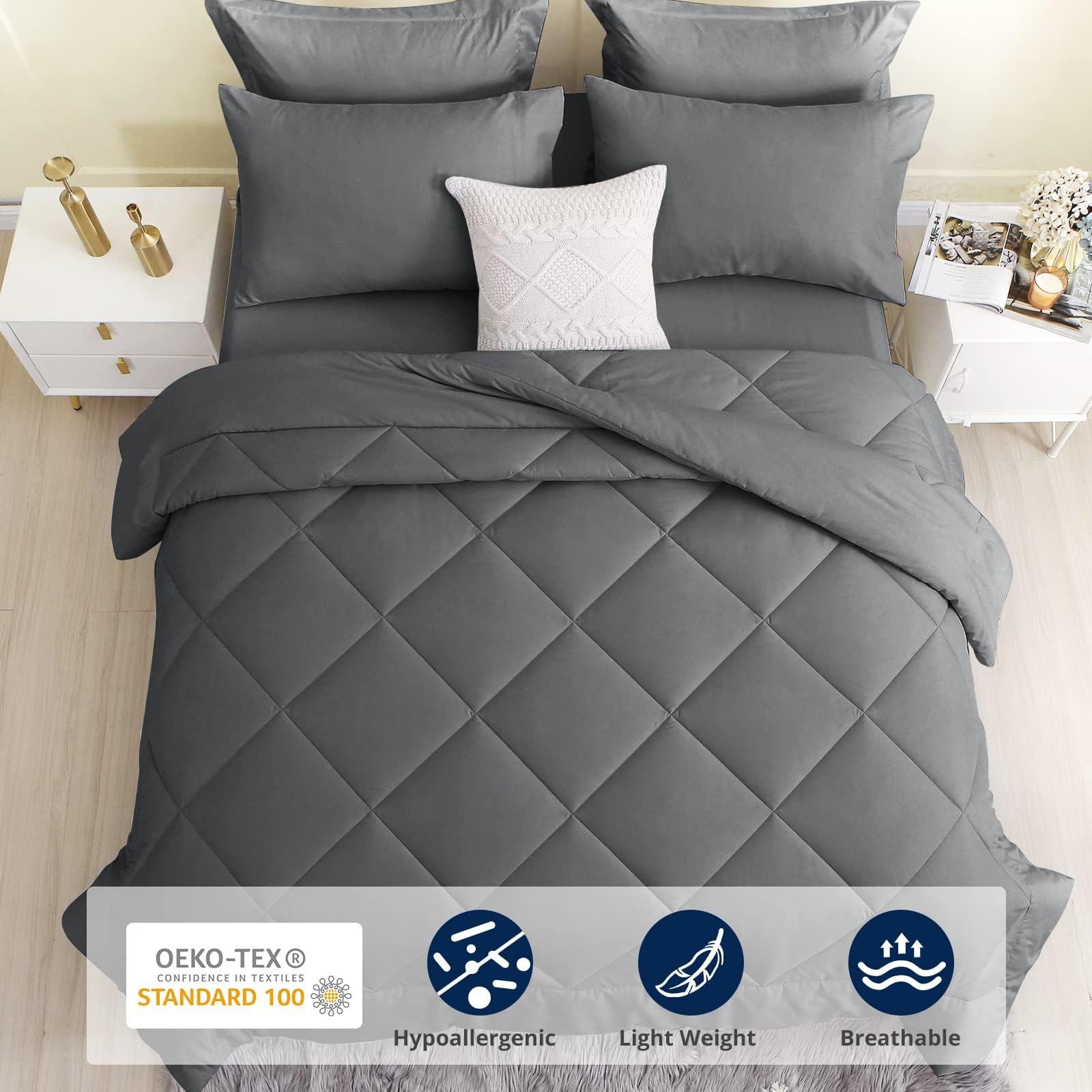 HEVUMYI 7 Pieces Queen Comforter Set, All Season Reversible Bed in a Bag Queen, Ultra Soft Queen Bedding Set with Grey Comforter, Flat Sheet, Fitted Sheet, Pillowcases, Pillow Shams, Dark Grey - The One Stop Deals