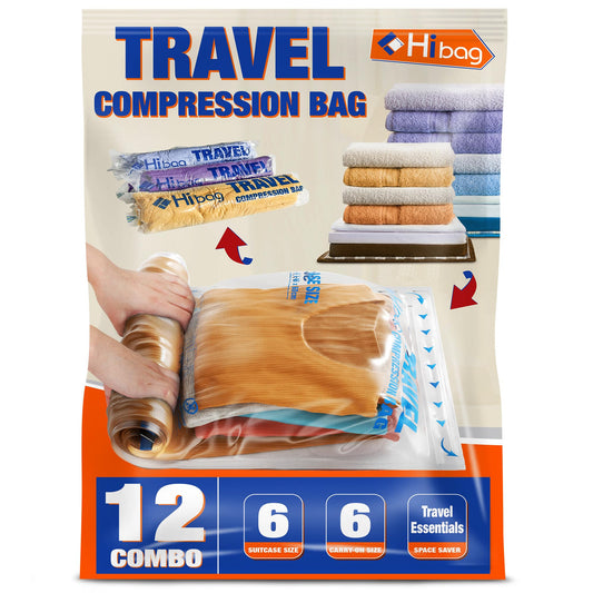 HIBAG 12 Compression Bags for Travel, Travel Essentials Compression Bags, Vacuum Packing Space Saver Zipper Bags for Cruise Travel Accessories (12 - Travel) - The One Stop Deals