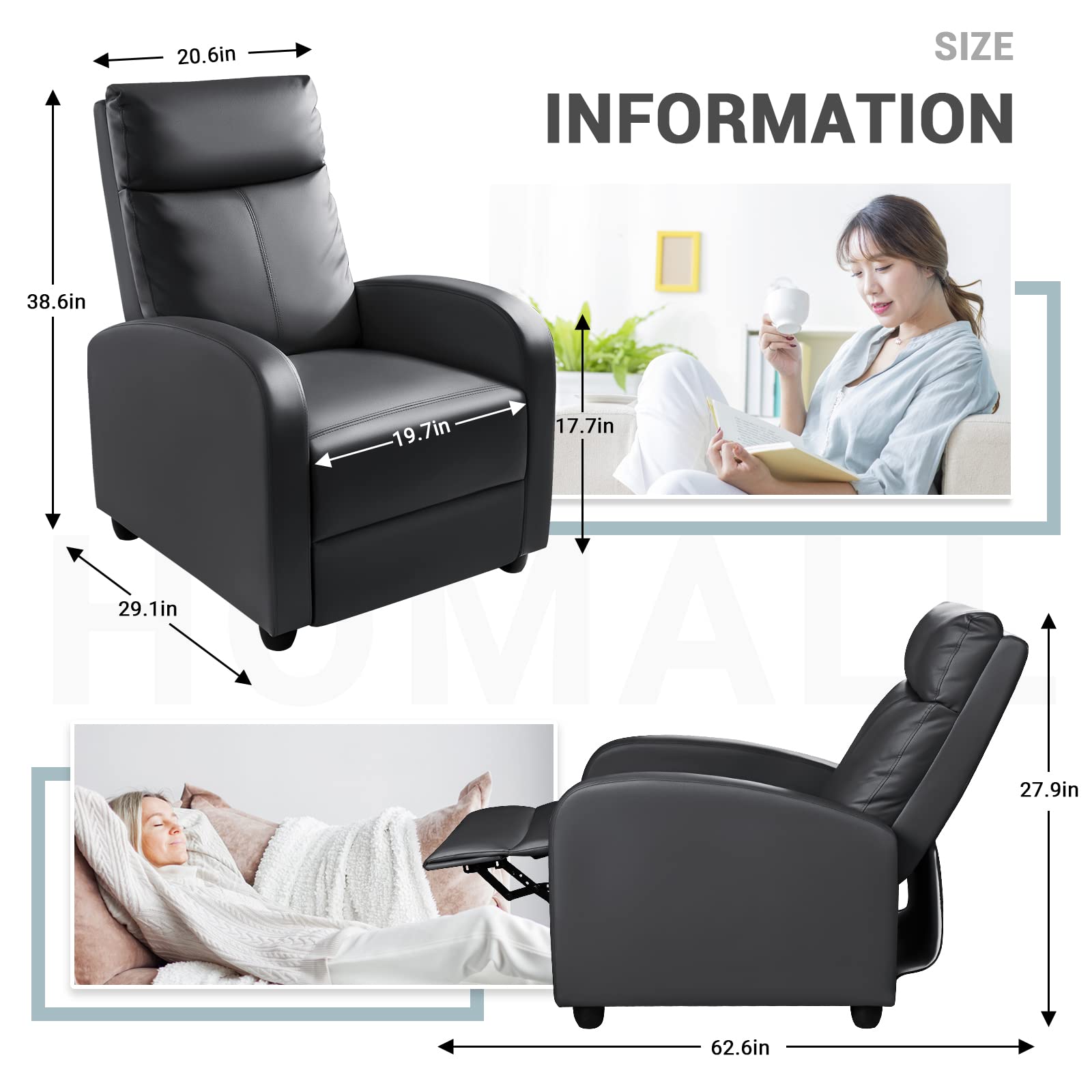 Homall Recliner Chair, Recliner Sofa PU Leather for Adults, Recliners Home Theater Seating with Lumbar Support, Reclining Sofa Chair for Living Room (Black, Leather) - The One Stop Deals