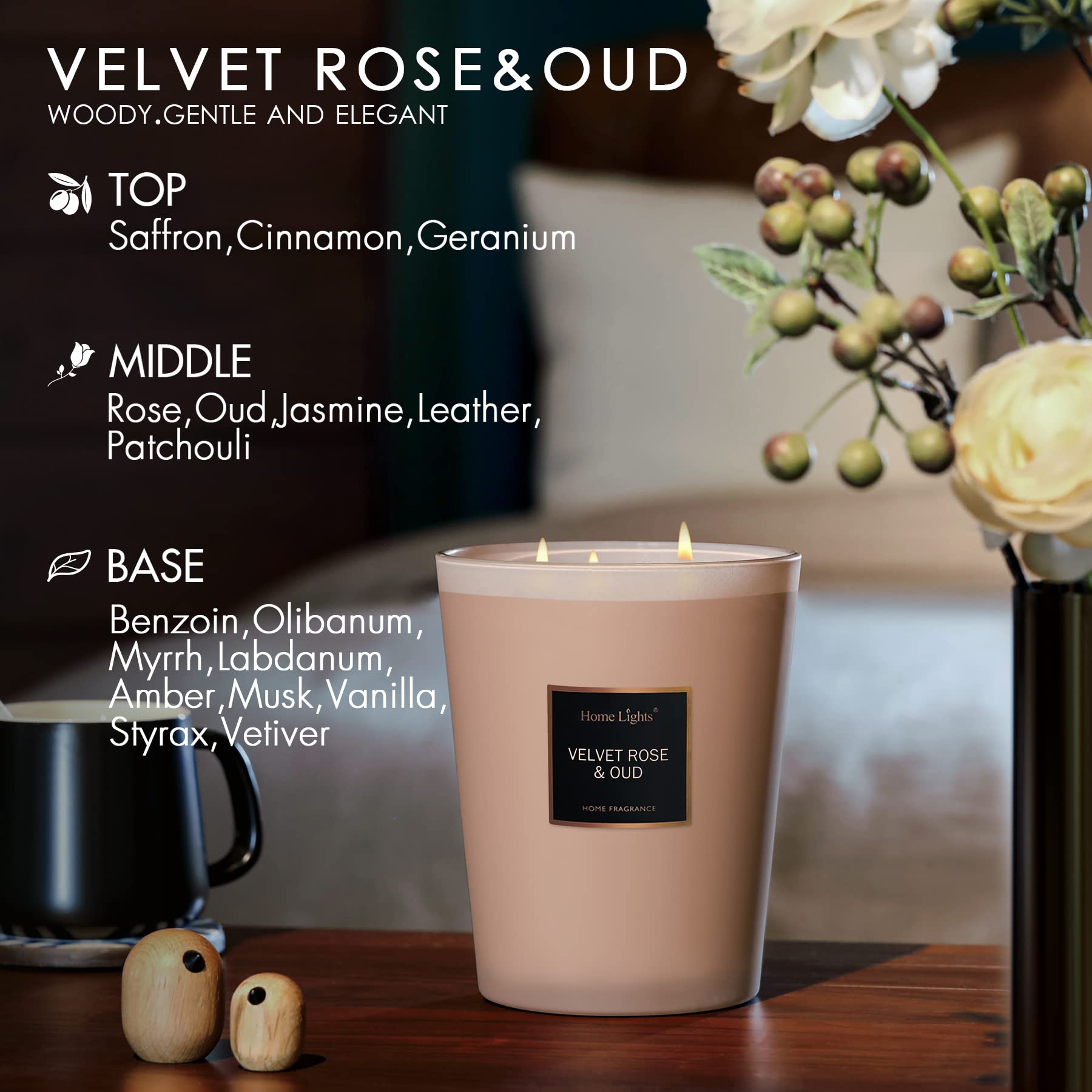 HomeLights Scented Candles | Large Jar Candle - 33.3 Oz. Natural Soy Aromatherapy Candles | Up to 130 Hours Burn Time with 3 Cotton Wicks, Home Decorative Fragrance Candles Gift - Velvet Rose Oud - The One Stop Deals