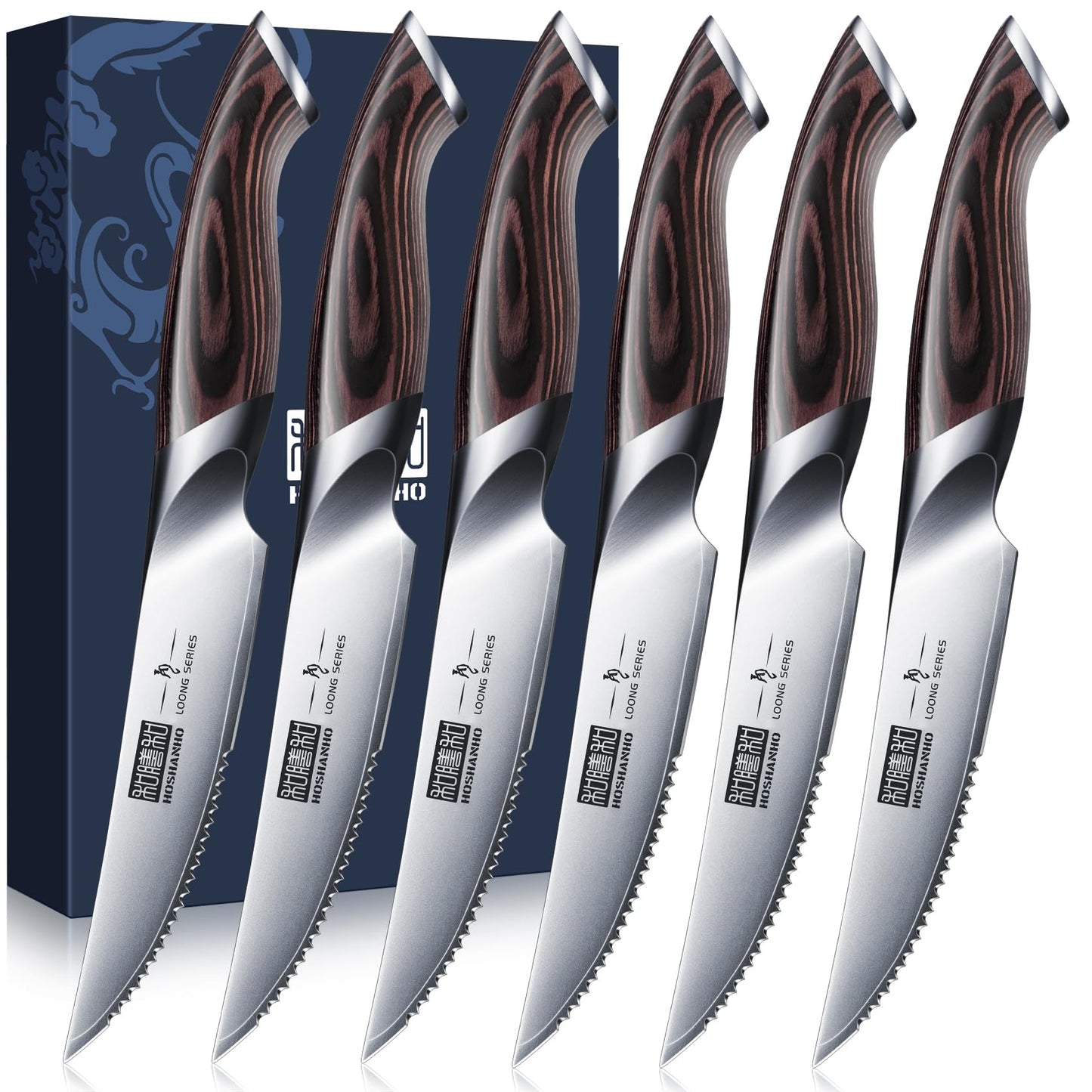 HOSHANHO Steak Knives Set of 6, Ultra Sharp 4.5 Inch Serrated Steak Knife Set, Japanese AUS - 10 High Carbon Steel Kitchen Steak Knives with Ergonomic Handle - The One Stop Deals