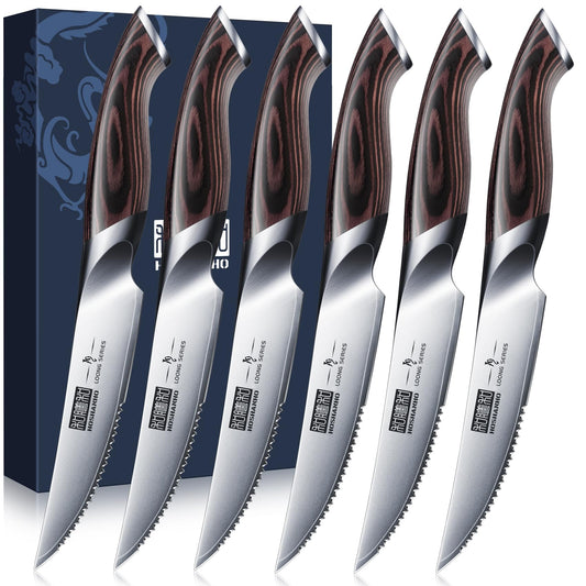 HOSHANHO Steak Knives Set of 6, Ultra Sharp 4.5 Inch Serrated Steak Knife Set, Japanese AUS - 10 High Carbon Steel Kitchen Steak Knives with Ergonomic Handle - The One Stop Deals