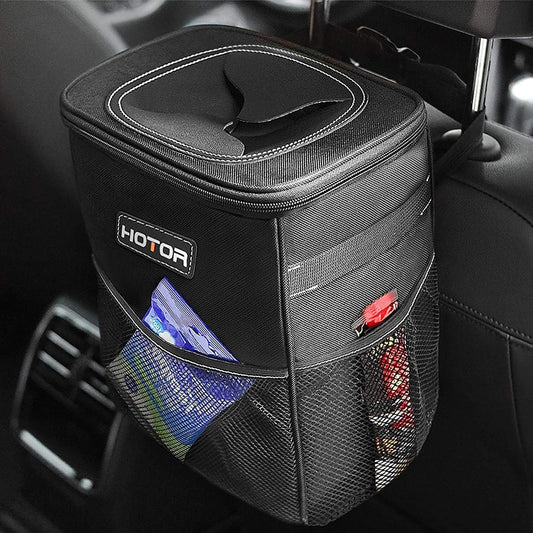 HOTOR Car Trash Can with Lid and Storage Pockets - 100% Leak - Proof Organizer, Waterproof Garbage Can, Multipurpose Trash Bin for Car, 2 Gallons, Black - The One Stop Deals