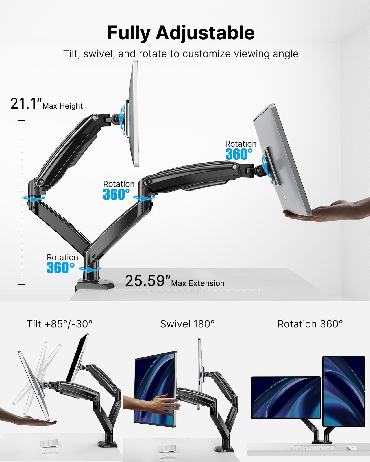 HUANUO Dual Monitor Stand for 13 to 40 inch, Premium Dual Monitor Mount with USB, Height Adjustable Monitor Stand for 2 Monitors, VESA Mount with Clamp/Grommet Base, Each Arm Hold up to 26.4lbs, Black - The One Stop Deals