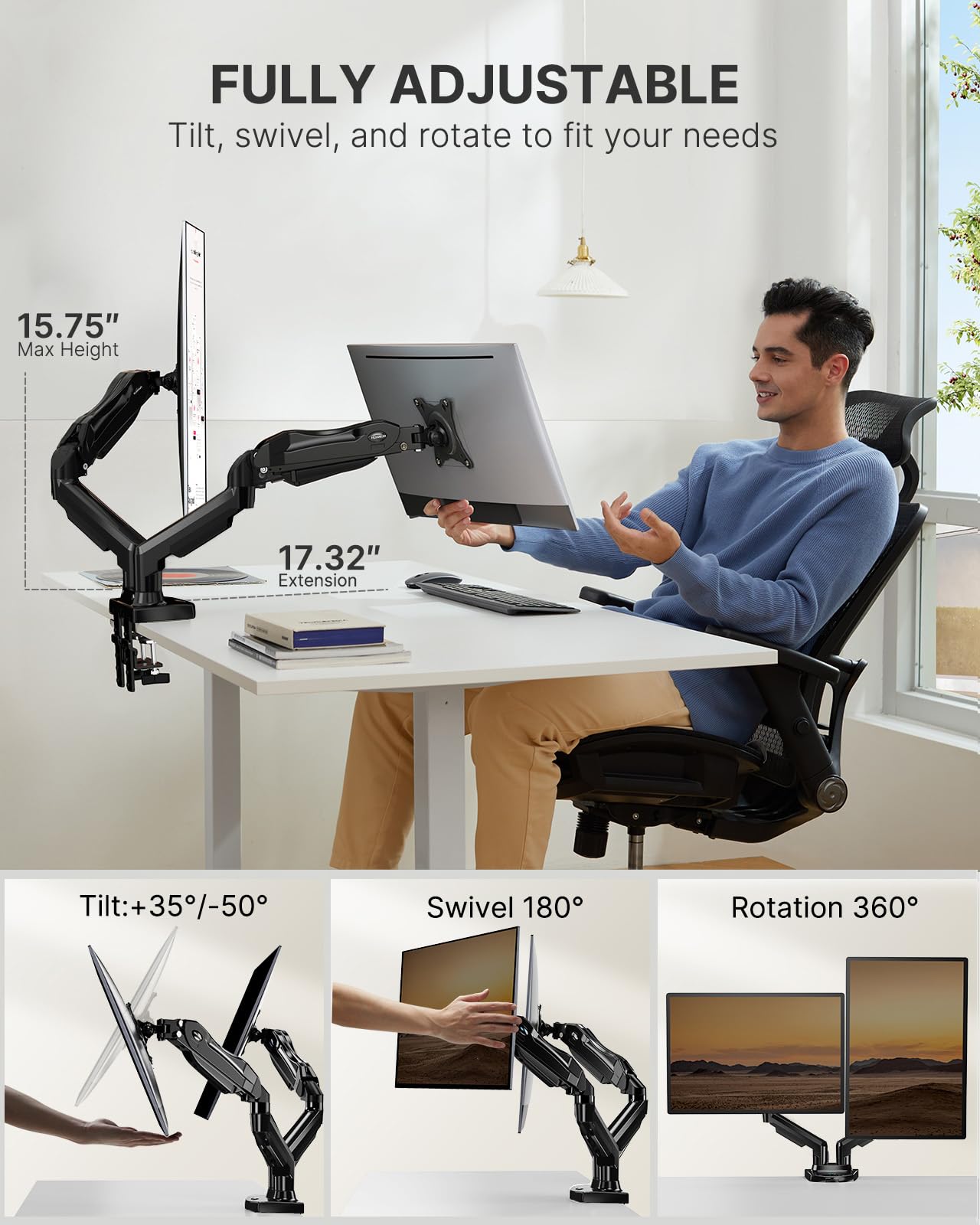 HUANUO Dual Monitor Stand - Full Adjustable Monitor Desk Mount Swivel Vesa Bracket with C Clamp, Grommet Mounting Base for 13 to 32 Inch Computer Screens - Each Arm Holds 4.4 to 19.8lbs - The One Stop Deals