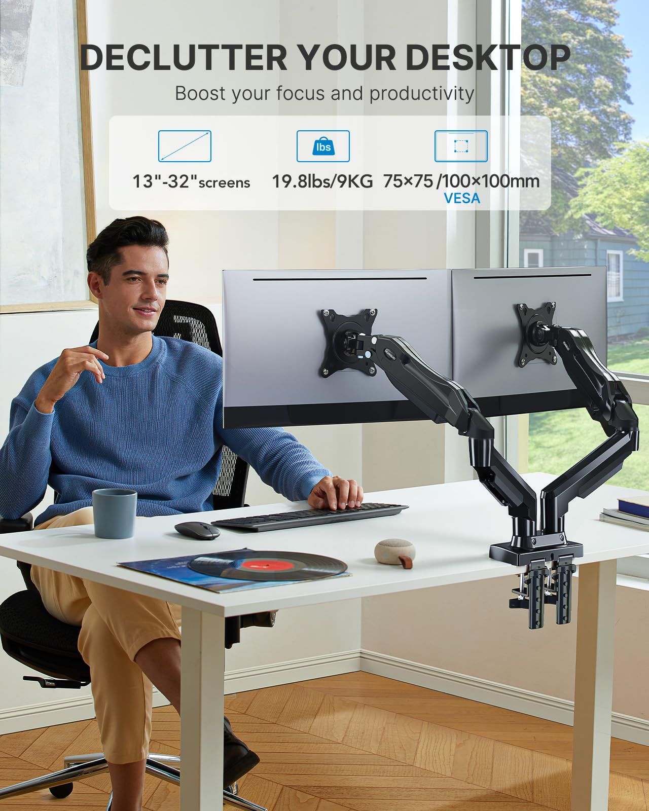 HUANUO Dual Monitor Stand - Full Adjustable Monitor Desk Mount Swivel Vesa Bracket with C Clamp, Grommet Mounting Base for 13 to 32 Inch Computer Screens - Each Arm Holds 4.4 to 19.8lbs - The One Stop Deals