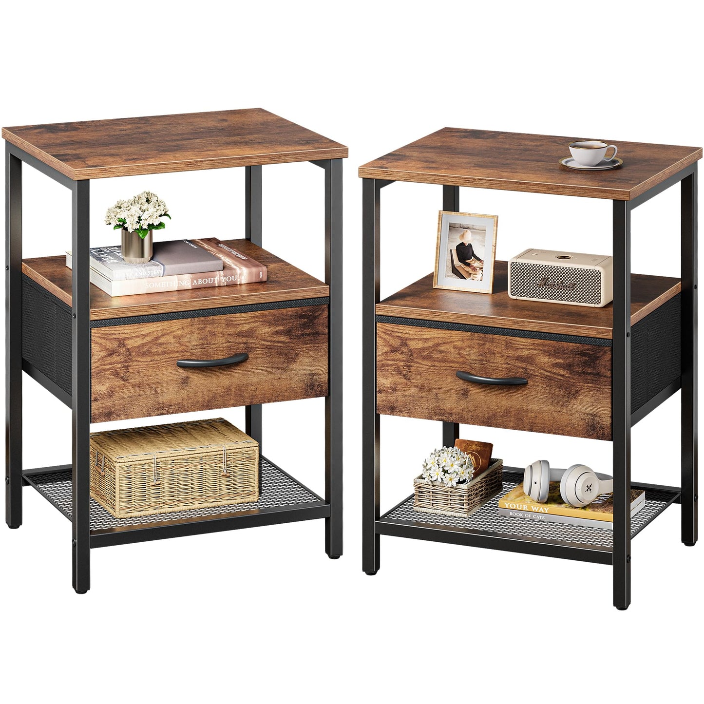 Huuger Nightstand Set of 2, Night Stand with Fabric Drawer, Mesh Shelf, Side Table with Storage, Fabric Drawer Dresser, Open Shelf, Metal Frame, Bedroom, Rustic Brown - The One Stop Deals