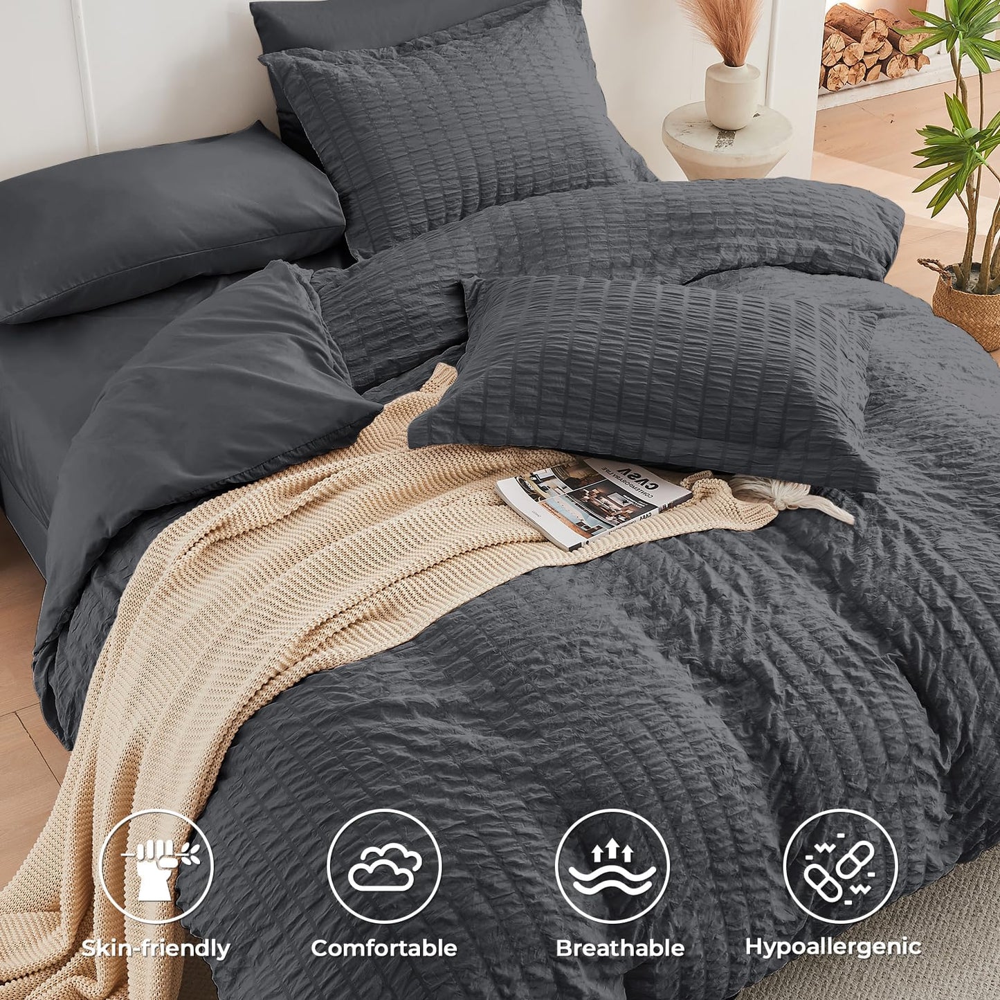 HYMOKEGE Queen Comforter Set Seersucker 7 Pieces, All Season Luxury Bed in a Bag for Bedroom, Bedding Set with Comforters, Sheets, Pillowcases & Shams, Dark Grey - The One Stop Deals