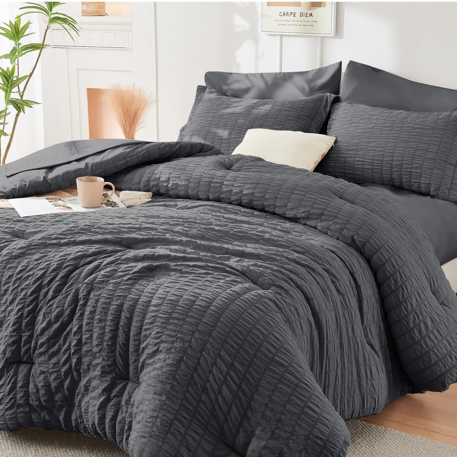 HYMOKEGE Queen Comforter Set Seersucker 7 Pieces, All Season Luxury Bed in a Bag for Bedroom, Bedding Set with Comforters, Sheets, Pillowcases & Shams, Dark Grey - The One Stop Deals