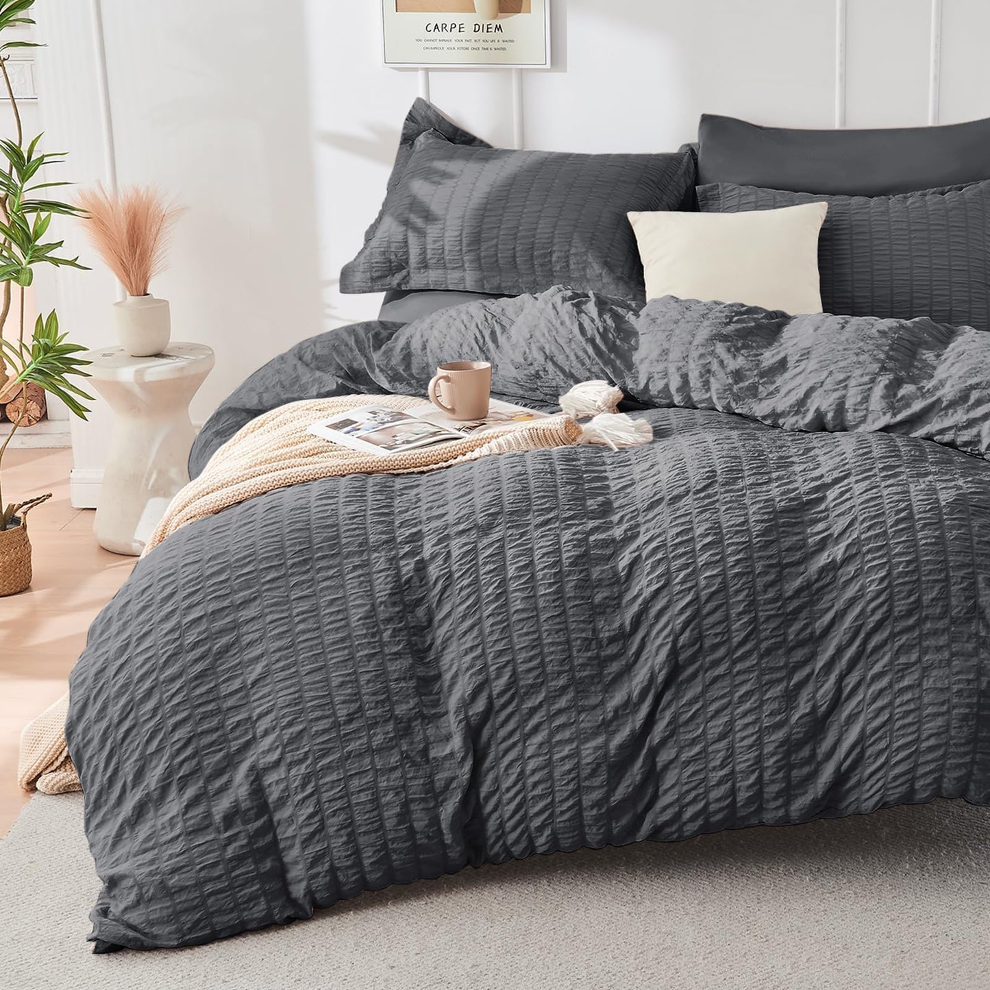 HYMOKEGE Queen Comforter Set Seersucker 7 Pieces, All Season Luxury Bed in a Bag for Bedroom, Bedding Set with Comforters, Sheets, Pillowcases & Shams, Dark Grey - The One Stop Deals