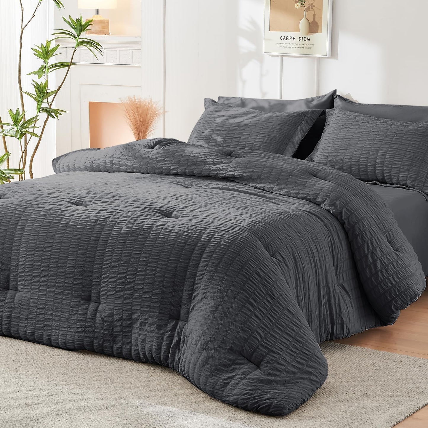 HYMOKEGE Queen Comforter Set Seersucker 7 Pieces, All Season Luxury Bed in a Bag for Bedroom, Bedding Set with Comforters, Sheets, Pillowcases & Shams, Dark Grey - The One Stop Deals