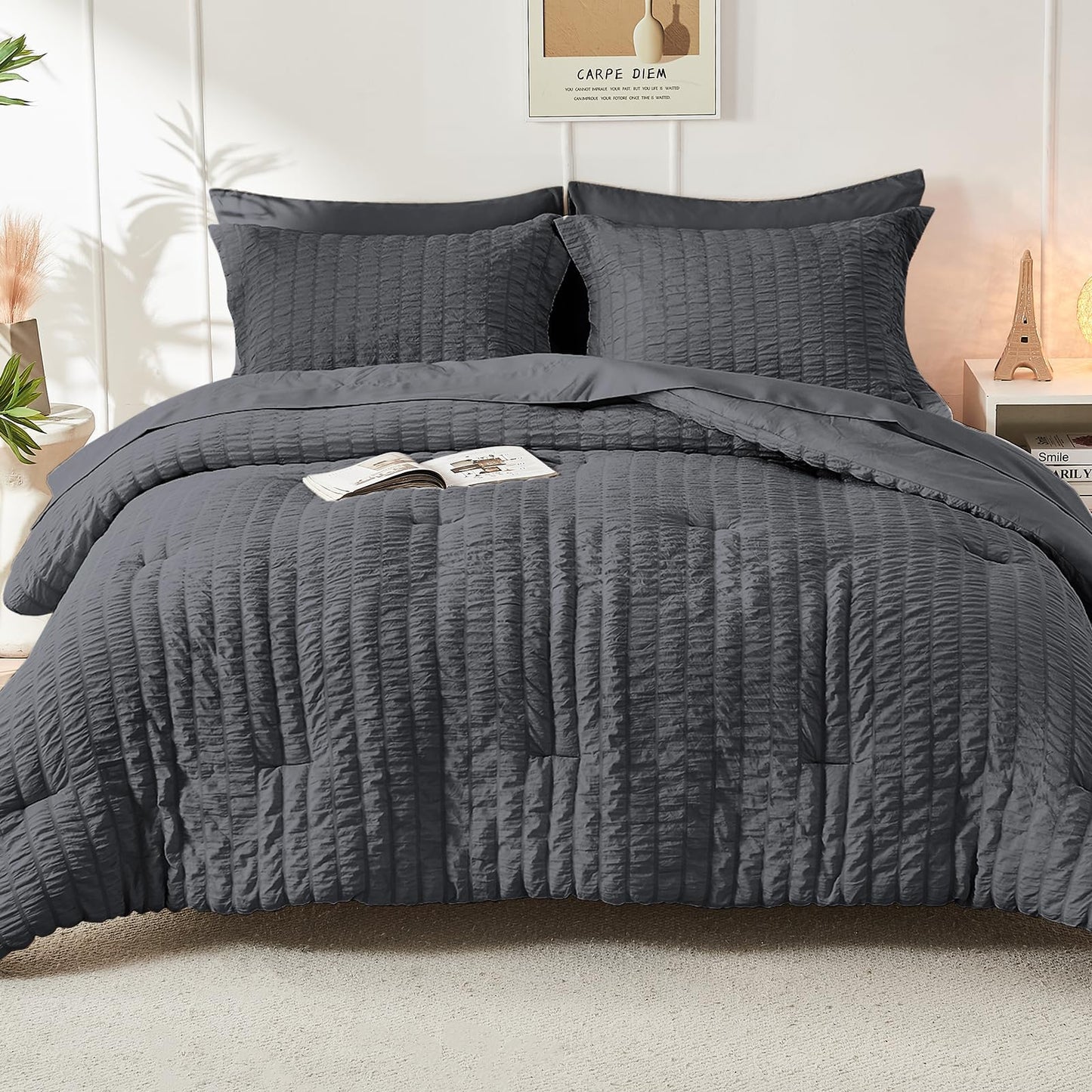 HYMOKEGE Queen Comforter Set Seersucker 7 Pieces, All Season Luxury Bed in a Bag for Bedroom, Bedding Set with Comforters, Sheets, Pillowcases & Shams, Dark Grey - The One Stop Deals