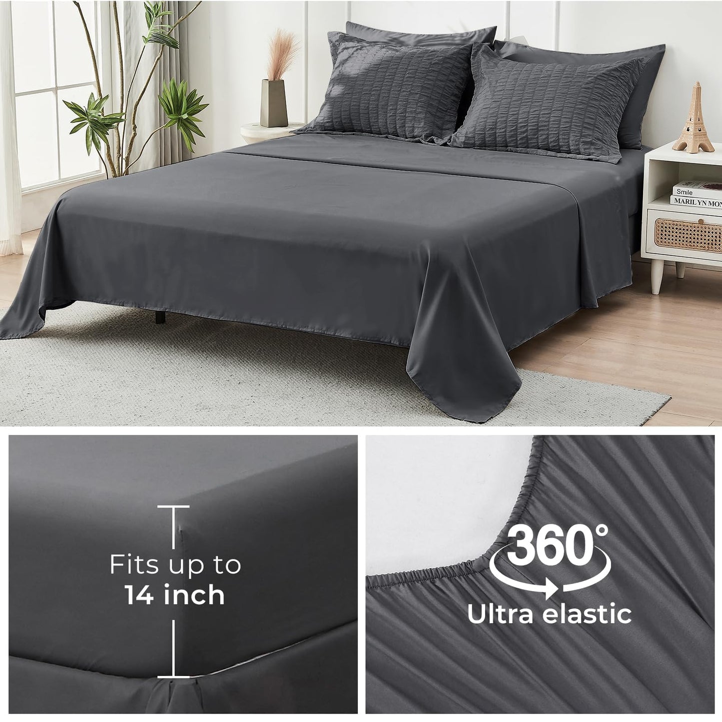 HYMOKEGE Queen Comforter Set Seersucker 7 Pieces, All Season Luxury Bed in a Bag for Bedroom, Bedding Set with Comforters, Sheets, Pillowcases & Shams, Dark Grey - The One Stop Deals